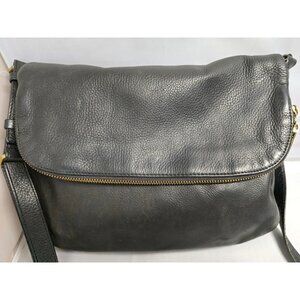 Distressed Black Leather Crossbody Messenger Bag Adjustable Strap Gold Hardware